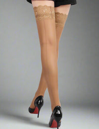 Thumbnail for a woman wearing high heels and beige lace top seam stockings by scandals