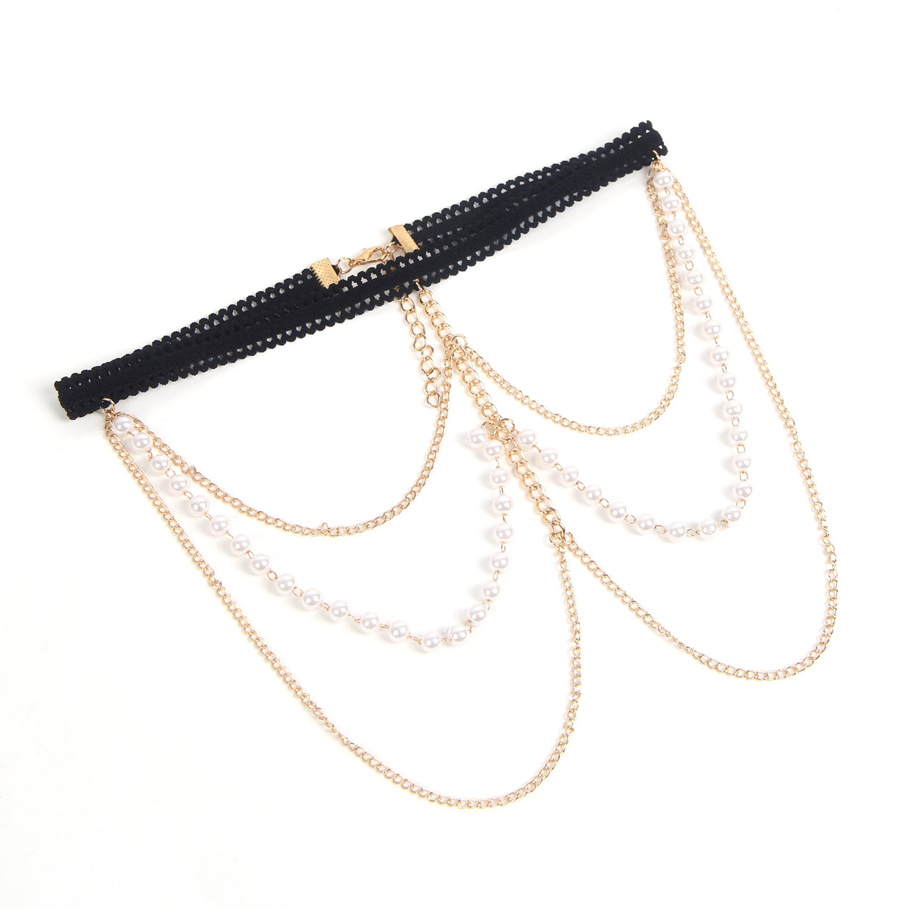 Close-up of the Gold Sexy Pearl Detail Chain Leg Ring Garter, highlighting its intricate pearl detailing for a glamorous look.
