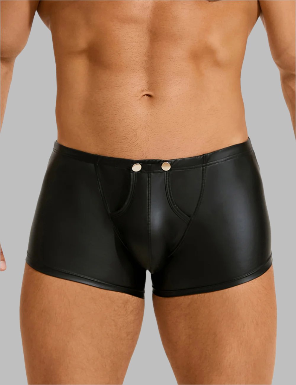 Men's PU leather open crotch boxer shorts by Scandals Menswear, featuring a sleek leather design and open crotch style.