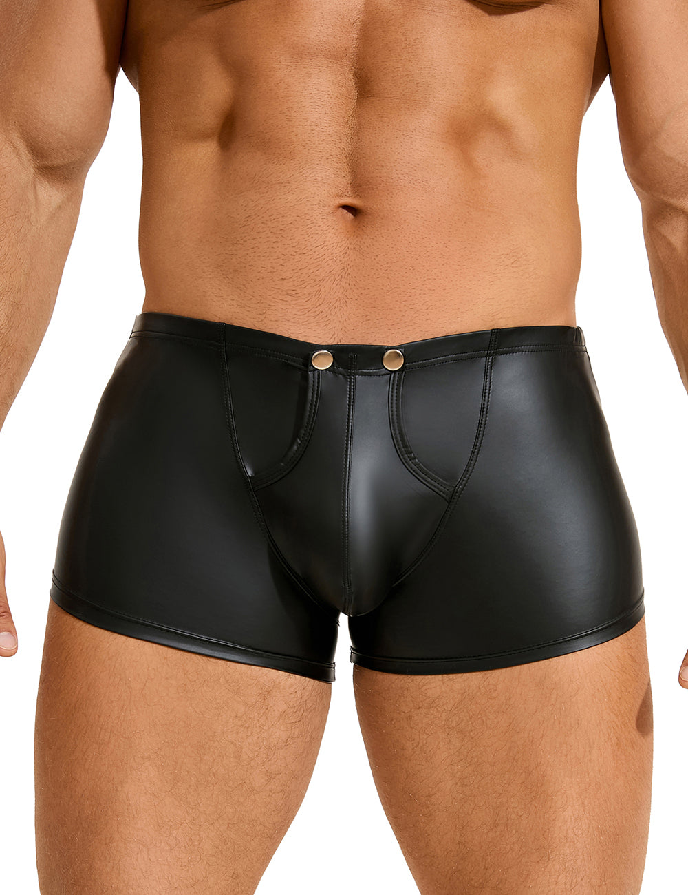 Men's PU leather open crotch boxer briefs by Scandals Menswear, featuring sleek black leather and a modern open-crotch design.