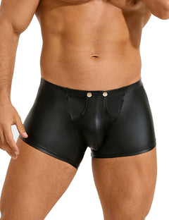 a man wearing a black leather boxer shorts