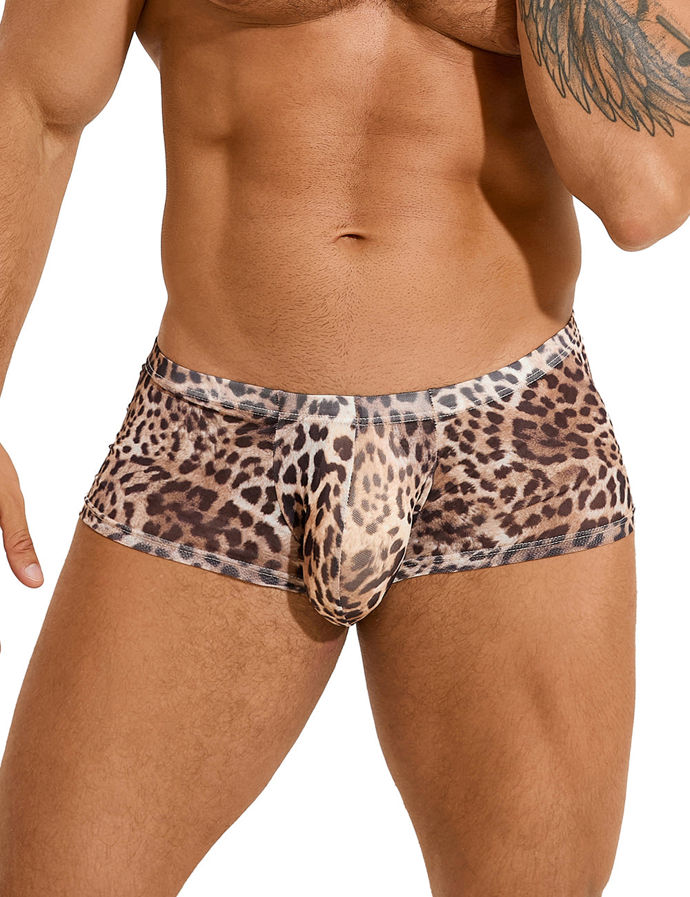Sexy mesh leopard print men's boxer briefs by Scandals, featuring a form-fitting design and stylish animal pattern.