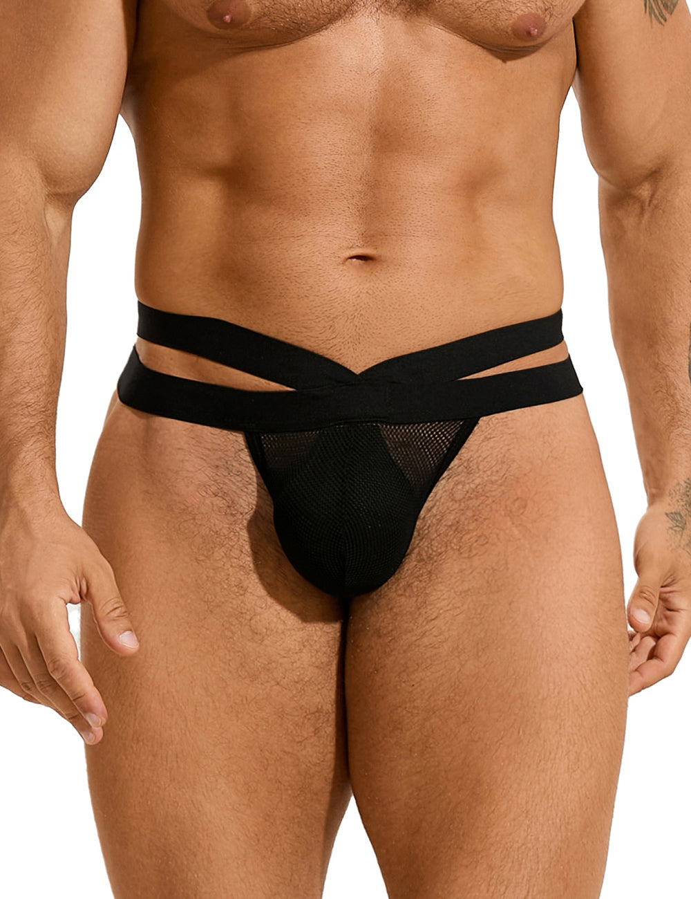 Black breathable mesh men's thong by Scandals Menswear, featuring a slim design and comfortable fit.