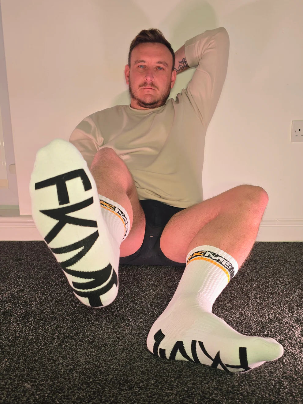 FKME large font logo socks in black, featuring bold branding, ultra-comfortable fit for UK men's sizes 7-12, casual style.