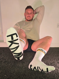 Premium FKME Logo Socks, featuring a bold large font design, ideal for casual or gym wear with a luxury touch.
