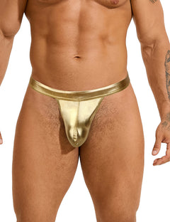 Men's Sexy Faux Leather Open Back Thong by Scandals displayed in a stylish setting, exemplifying the trendy characteristics of a premium men's faux leather thong.