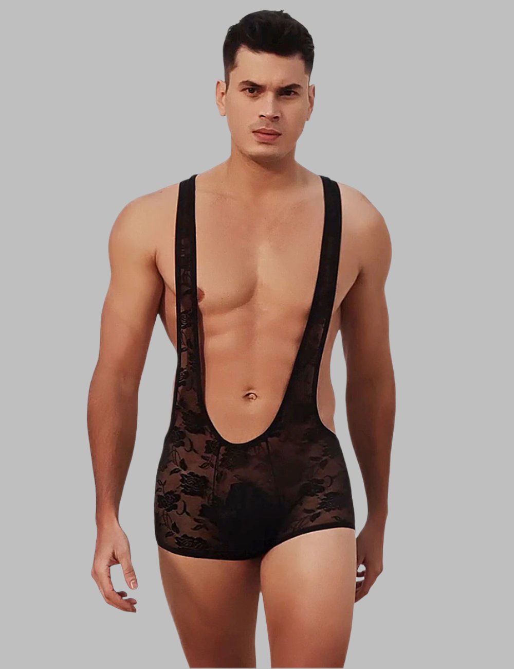 Men's lace detail bodysuit by Scandals Menswear, featuring a form-fitting men's bodystocking with intricate lace accents.