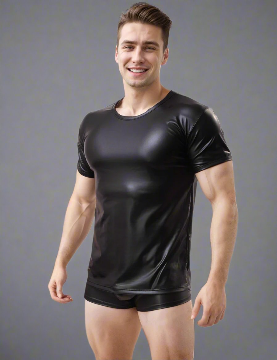 a man wearing a black shirt and shorts