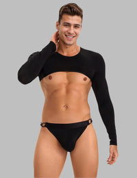 a man wearing a black underwear and a black shirt