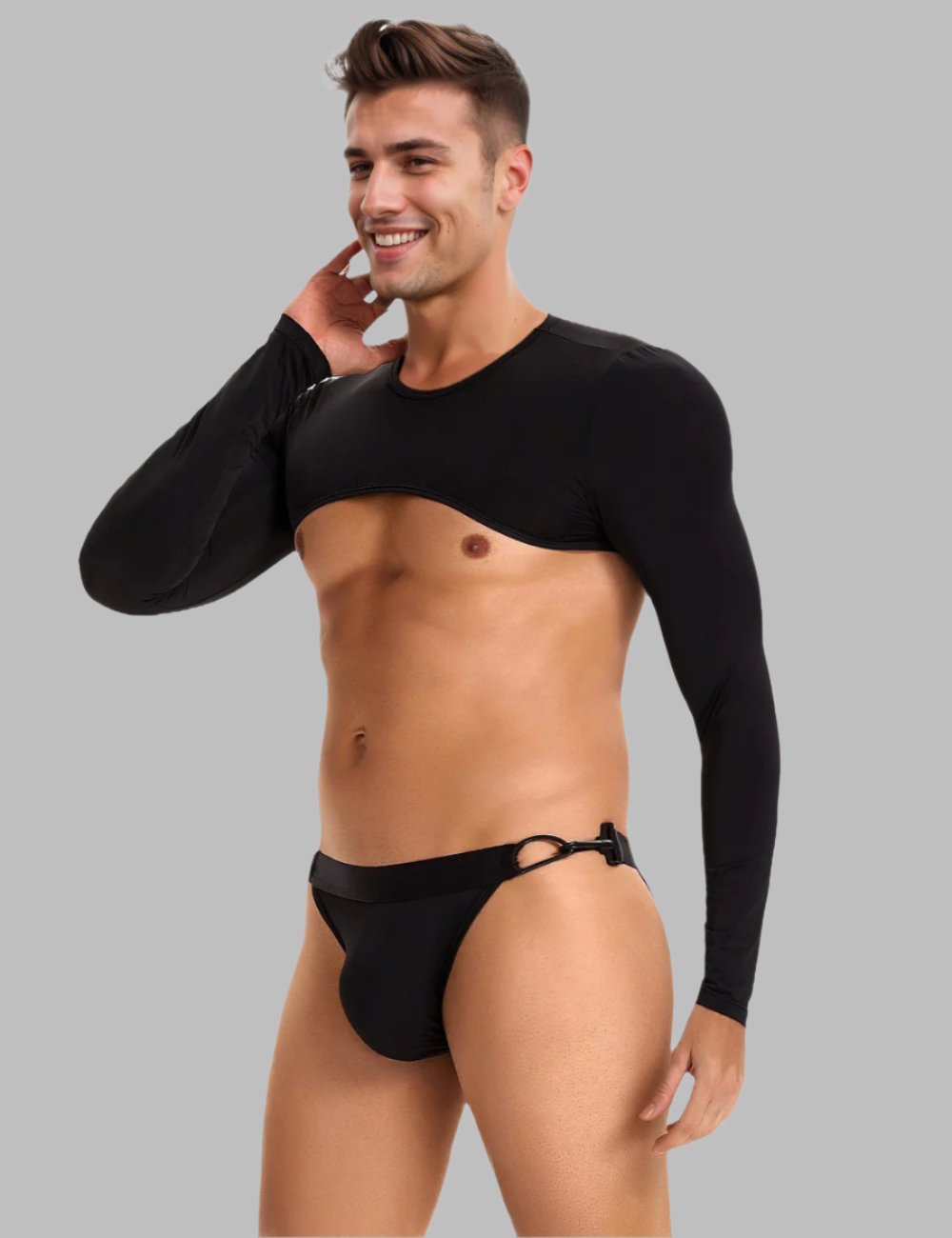 a man wearing a black underwear and a black shirt