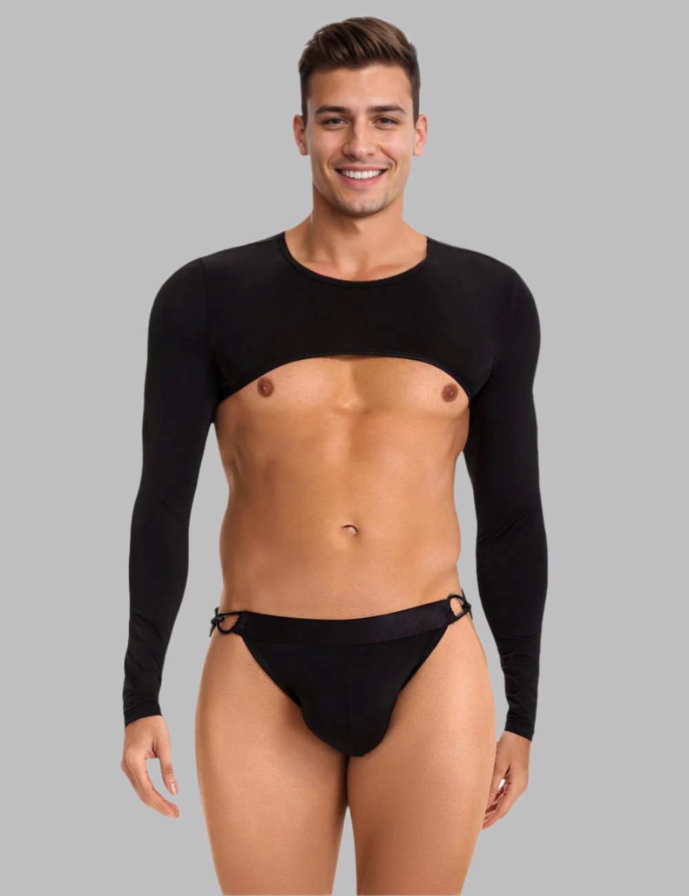 a man wearing a black underwear and a black shirt