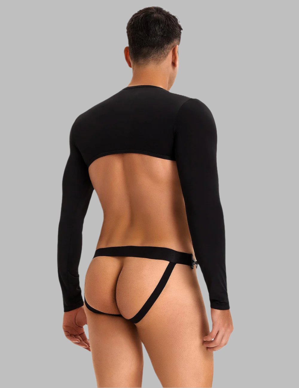 Men's long sleeve crop top and open back buckle brief set by Scandals Menswear, stylish men's outfits and costumes.