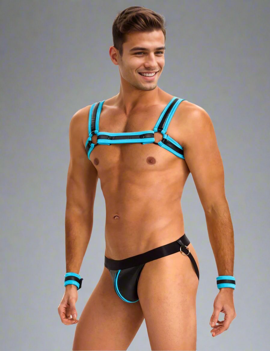 a man wearing a black and blue striped bikini