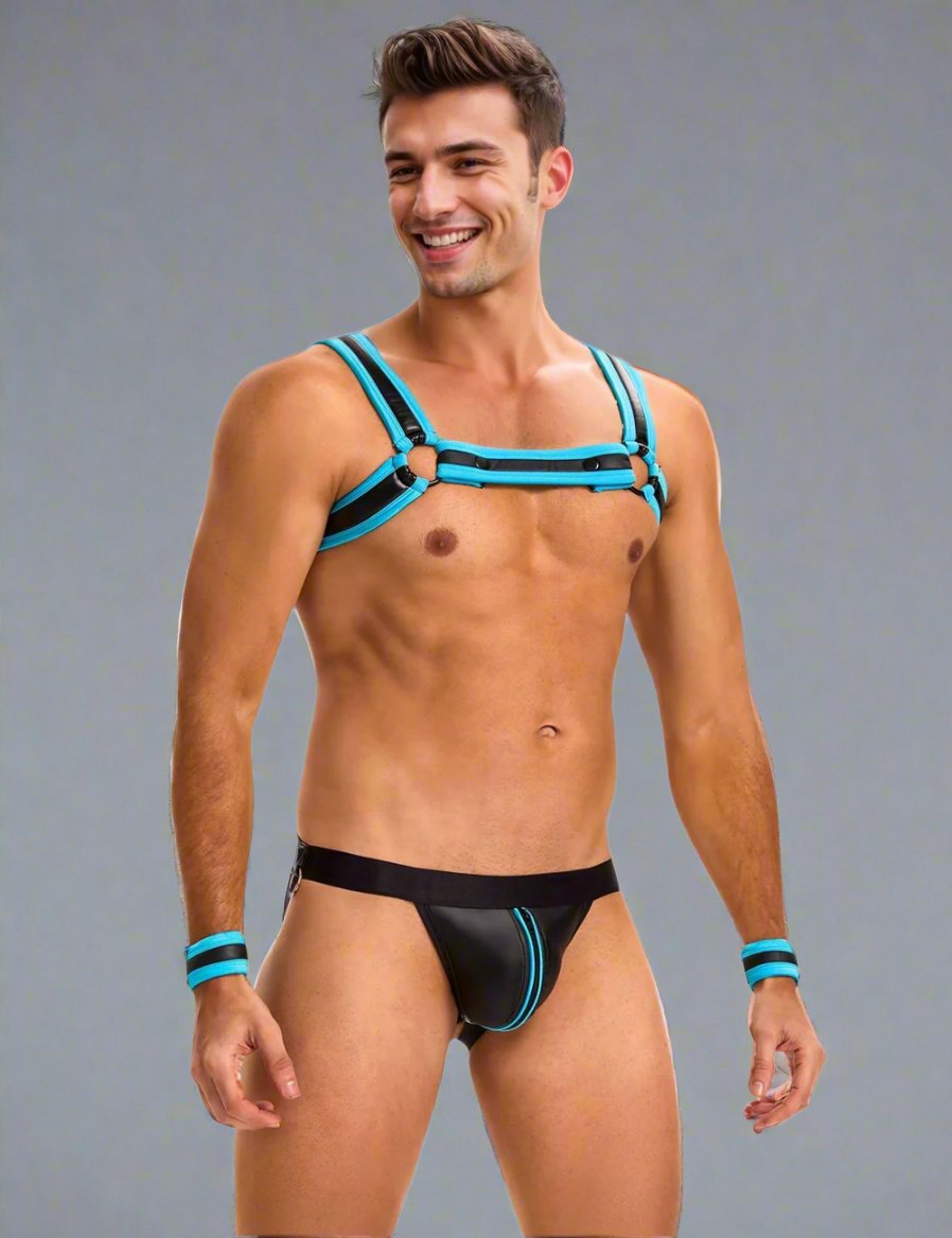 Men's PU leather harness and zipper underwear set with open back and detachable bracelets, by Scandals Menswear.