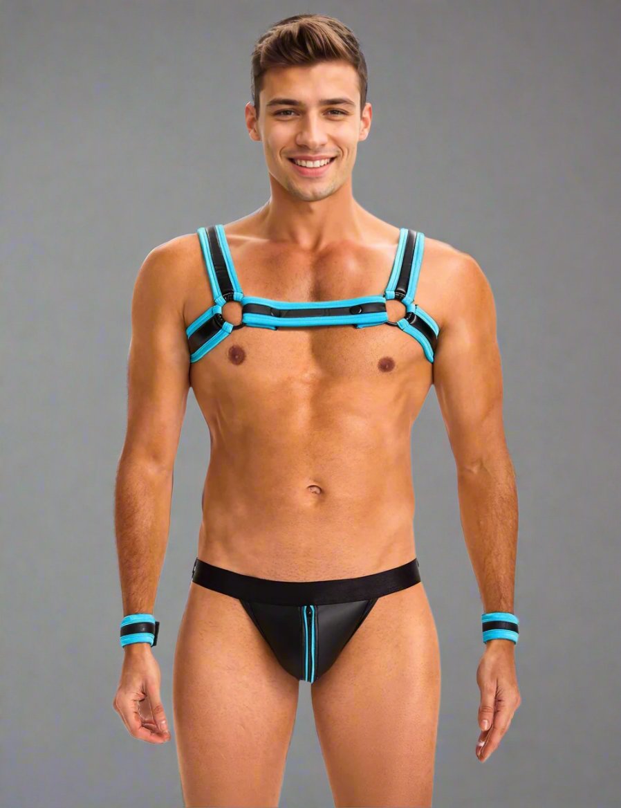 Men's PU leather harness and zipper underwear set with open back and detachable bracelets, designed by Scandals Menswear.