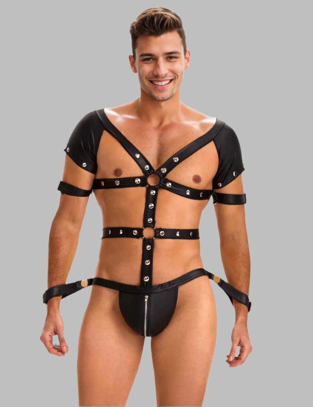 Men's faux leather bondage harness zipper bodysuit by Scandals Menswear, featuring a fitted design and adjustable straps.