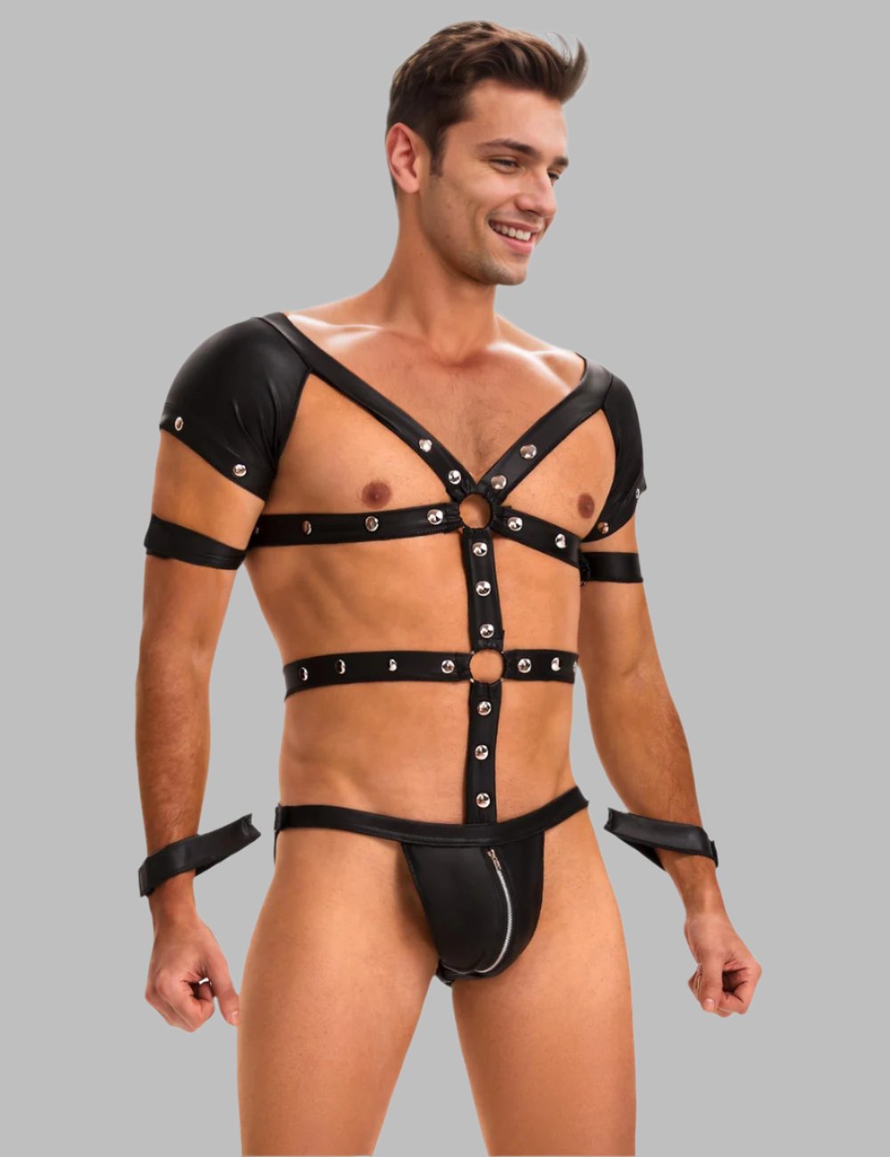 a man wearing a leather harness and harness