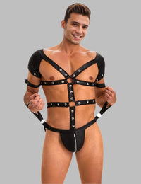 a man wearing a harness and harness with his hands on his hips