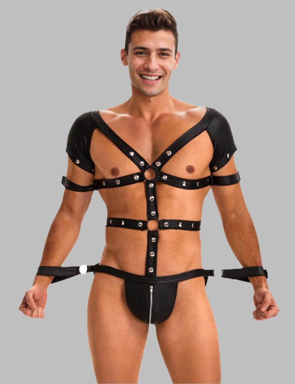 Men's faux leather bondage harness zipper bodysuit by Scandals Menswear, featuring adjustable straps and a sleek, form-fitting design.