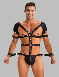 a man wearing a black harness and harness