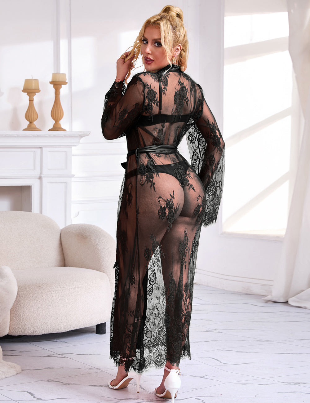 Close-up of the Sexy Lace Satin Mesh Long Nightgown With Belt, focusing on the lace detailing and satin texture.