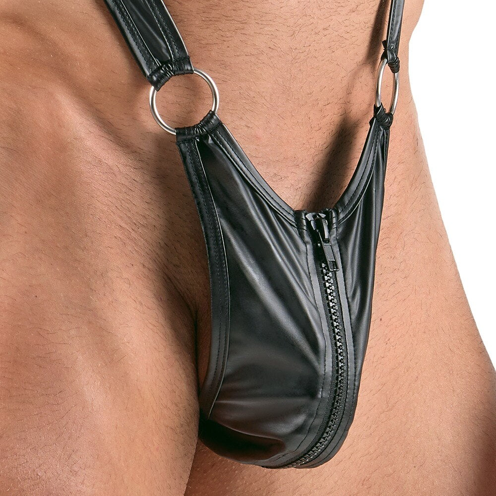 Scandals luxury long sleeve thong bodysuit with transparent inserts and stand-up collar, showcasing sleek design and fitted silhouette.