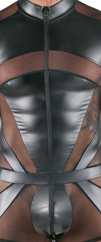Close-up of a mens playsuit showcasing the premium fabric blend and intricate detailing of the padded crotch and stand-up collar.