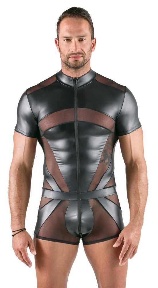 Model wearing a striking mens playsuit, highlighting its snug fit and fashionable silhouette that defines modern luxury.