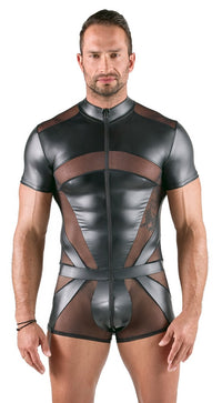 Model wearing a striking mens playsuit, highlighting its snug fit and fashionable silhouette that defines modern luxury.