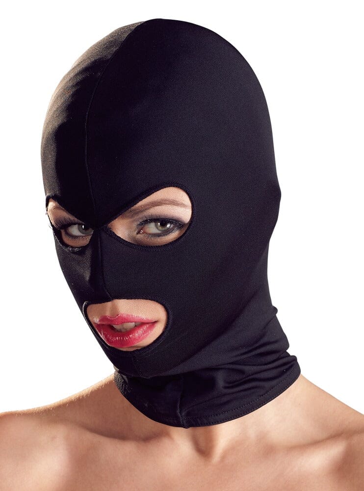 Black BDSM hood mask from Scandals, featuring a sleek, form-fitting design for restraint and concealment.