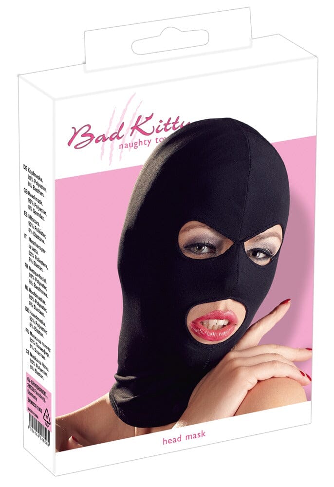 a box with a woman wearing a black mask