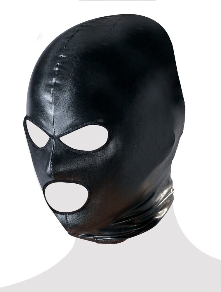 a black leather mask with white eyes