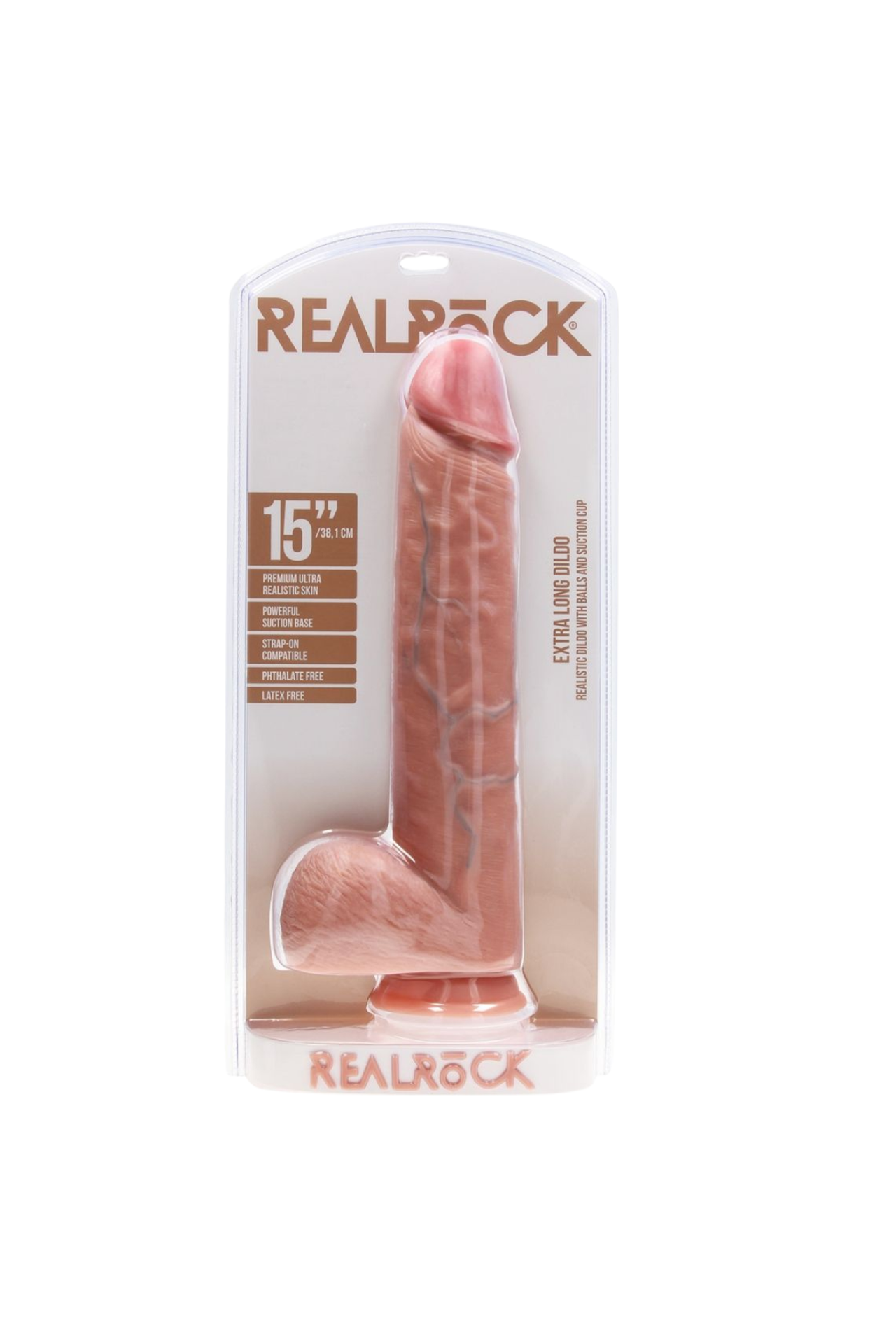 RealRock Extra Long Dildo With Balls Flesh 15 Inch highlighting its soft-to-touch texture, detailed glans, and suitability for harness use for versatile enjoyment.