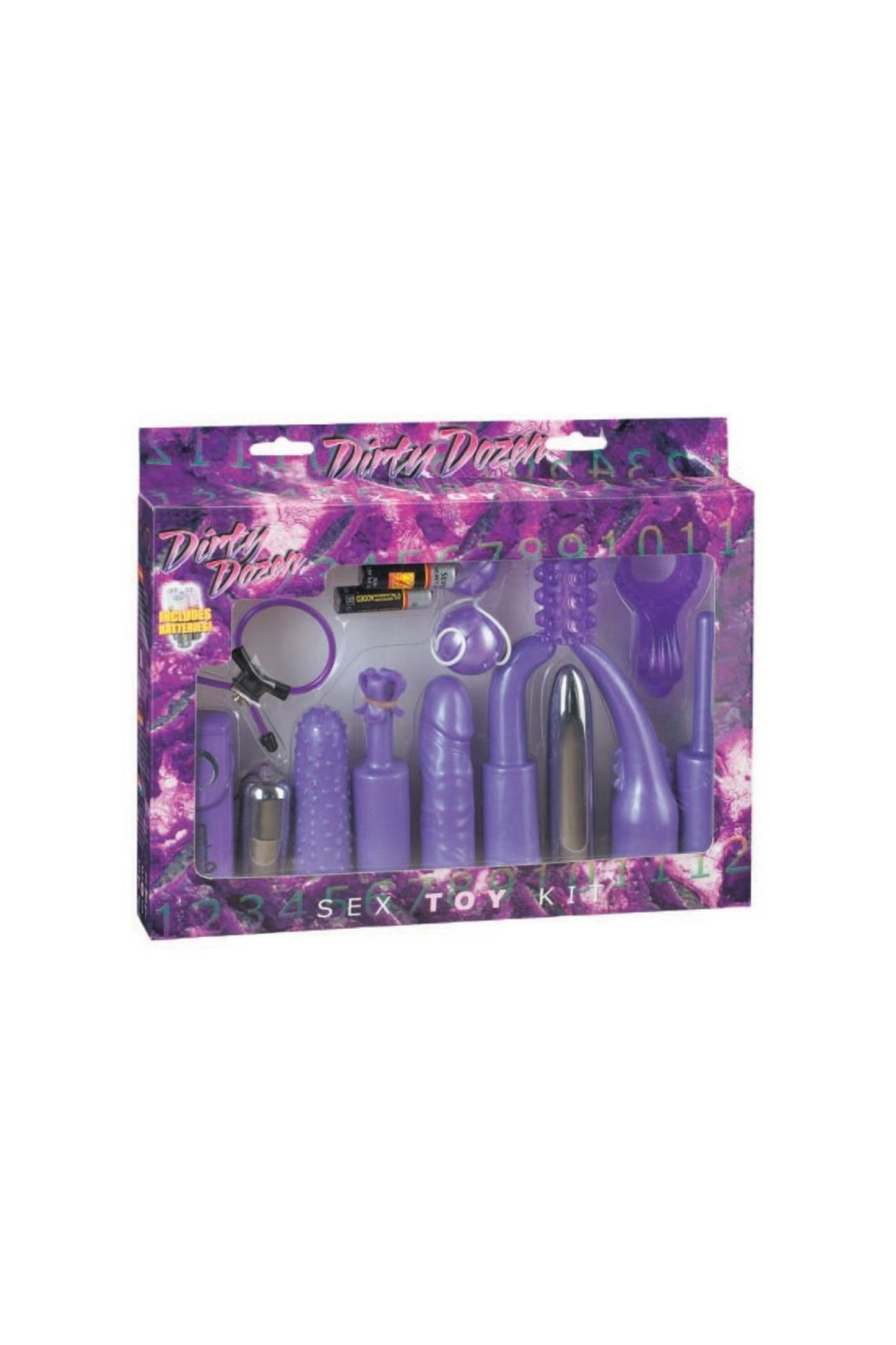 Luxury Seven Creations Dirty Dozen Couples Kit in Purple featuring a smooth vibrator, power bullet, 8 attachments, cock ring, and remote control for an exquisite intimate experience.