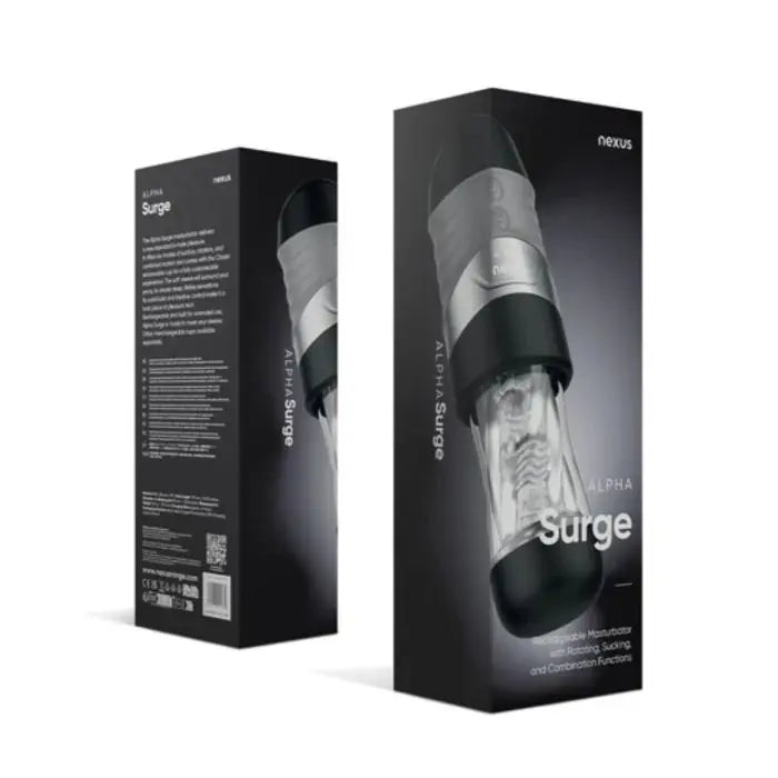 Nexus Alpha Surge 6-function male masturbator with textured interior, featuring suction motion for enhanced pleasure.