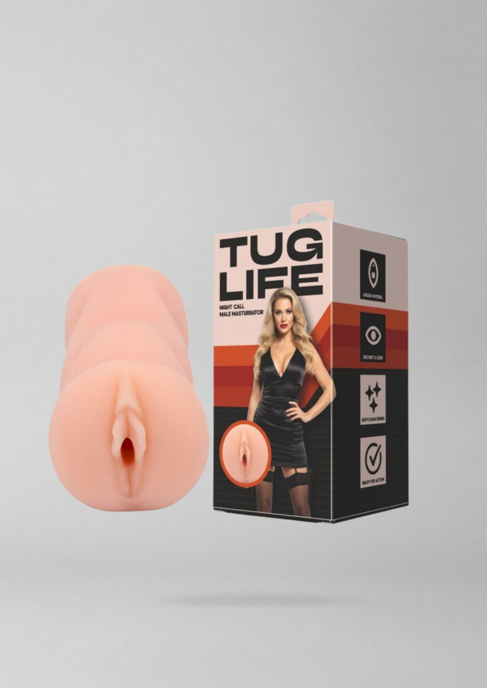 Close-up of the Tug Life Night Call male masturbator by 1on1, showcasing the textured interior and sleek exterior design.