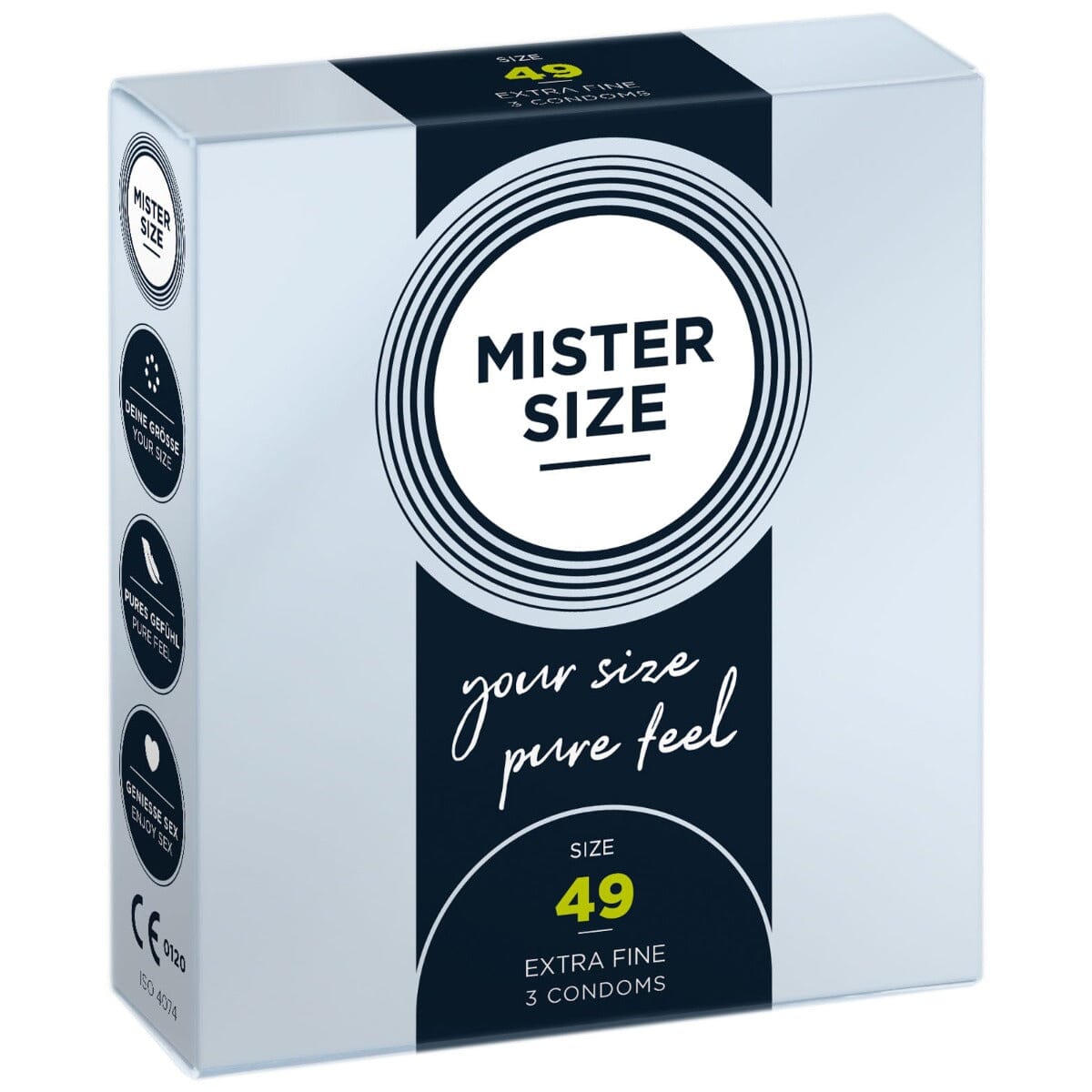 Three Mister Size Pure Feel condoms in a 49 mm pack, showing the packaging with the brand and product details.