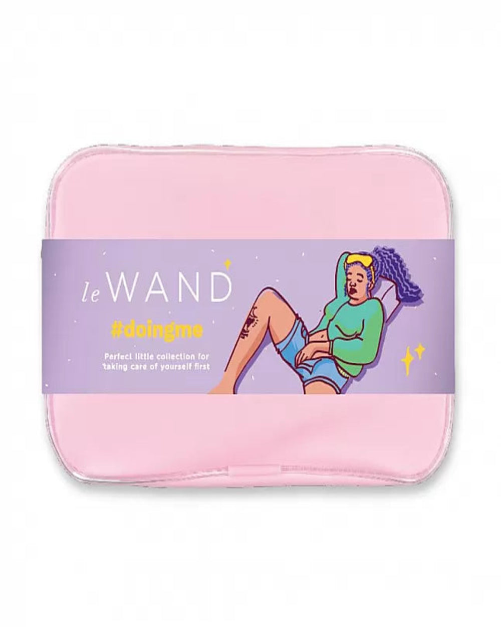 Le Wand Doing Me Self Love Starter Kit featuring a mini massager, satin eye mask, lubricants, and dice set for self-care.