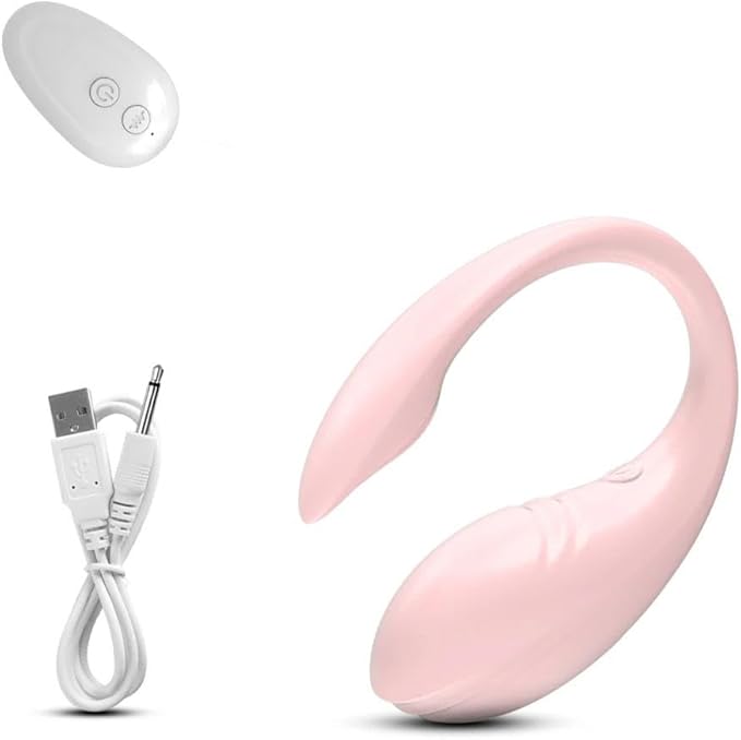 Chic pink remote egg vibrator trio featuring the device, a remote control, and a charging cable, emphasising convenience and sophistication.