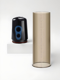 MAN Electric Penis Pump Extender - The stylish electric penis pump head displayed alongside a clear measurement cylinder, emphasising precision and luxury in male enhancement.