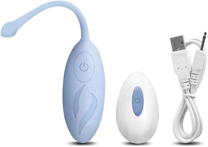 Elegant blue wearable vibrating egg with a remote control and USB charging cable, designed for discreet enjoyment. The ergonomic shape ensures a comfortable hold, perfect for enhancing intimate moments.