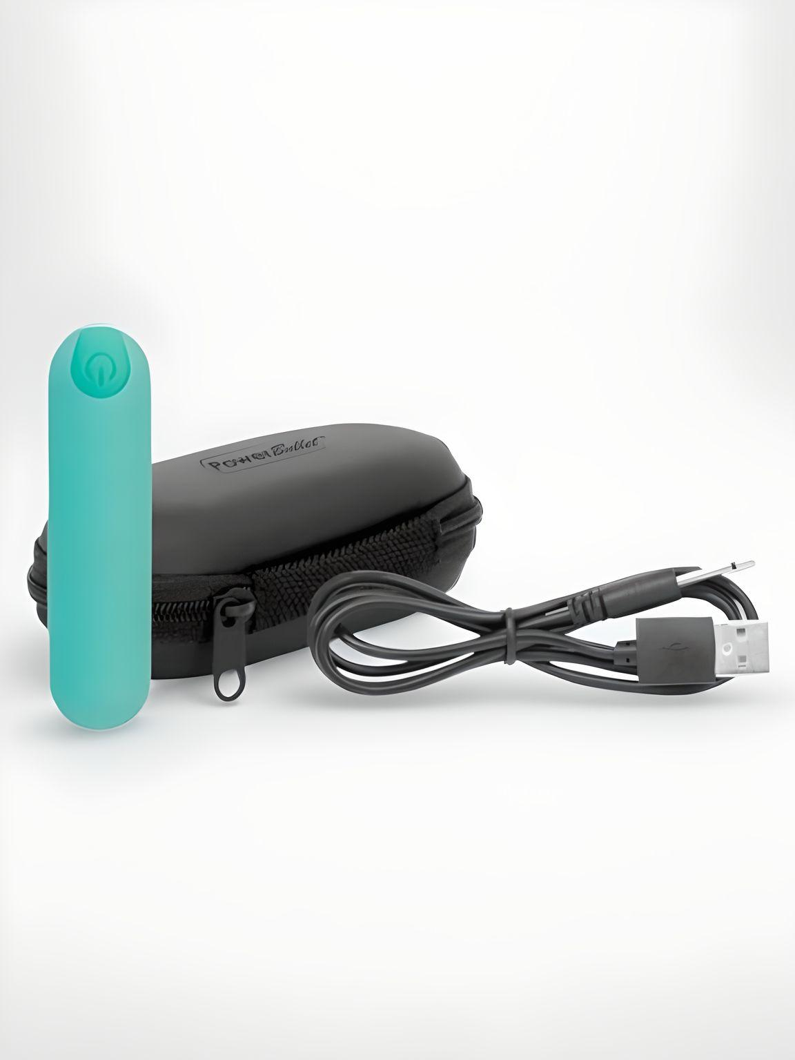 Power Bullet Essential 3.5" - Teal, the bullet vibrator displayed alongside its USB charging cord and convenient storage case.