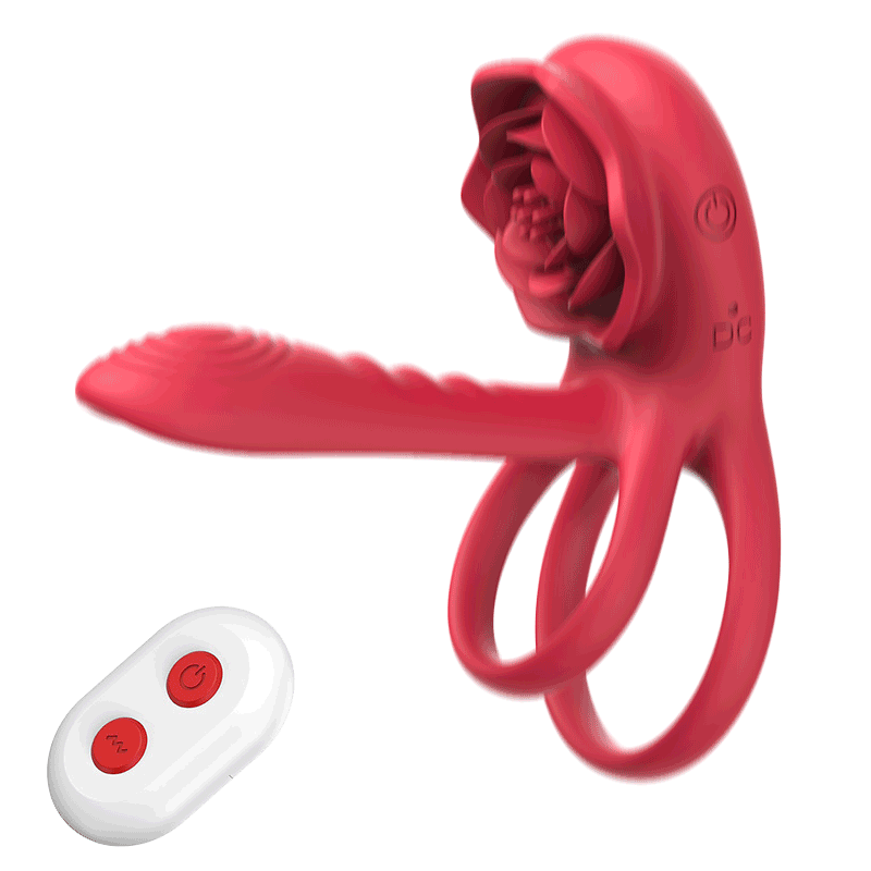 Scandals 3-in-1 rose vibrating couples toy with G-spot, clitoral, and cock ring features, shown with pink rose design and adjustable size