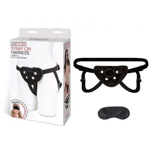 Black Lux strap-on harness for adult intimacy, featuring adjustable straps and comfortable fit.