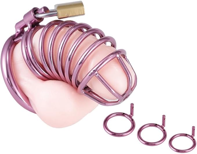 Chic pink chastity cage illustrated with a lifelike silicone prosthetic, highlighting the intricate details of its construction and included rings.