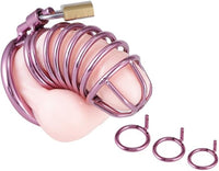 Chic pink chastity cage illustrated with a lifelike silicone prosthetic, highlighting the intricate details of its construction and included rings.