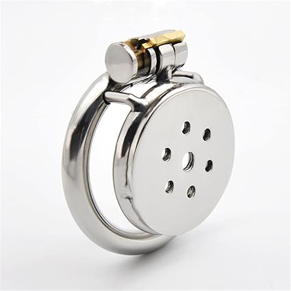 Sleek stainless steel chastity cage lock with a polished finish, featuring a round design and multiple ventilation holes for comfort.