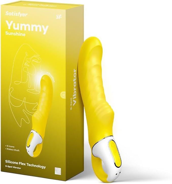 Satisfyer Yummy Sunshine curved rechargeable G-spot vibrator with smooth design and ergonomic handle for targeted pleasure.