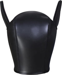 Rear view of a sleek black puppy mask, designed with elegant ear details and smooth finish for immersive experiences.