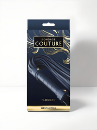 Chic packaging of the Faux Leather Soft Flogger Bondage Couture by NS Novelties, highlighting its stylish presentation and luxurious design for the discerning BDSM enthusiast.